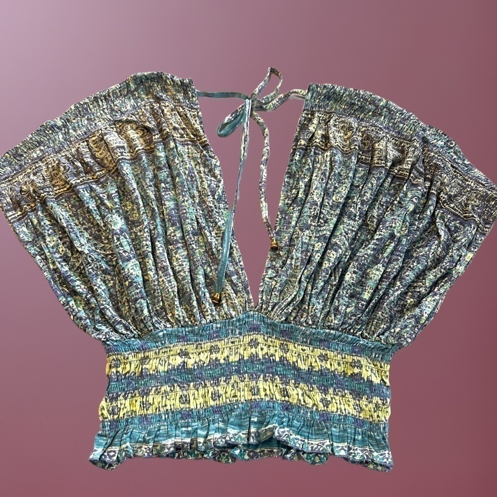 FREE PEOPLE Next Vacation Deep V-Neck Open Back Smocked Waist Top NWT/MD - Picture 12 of 14